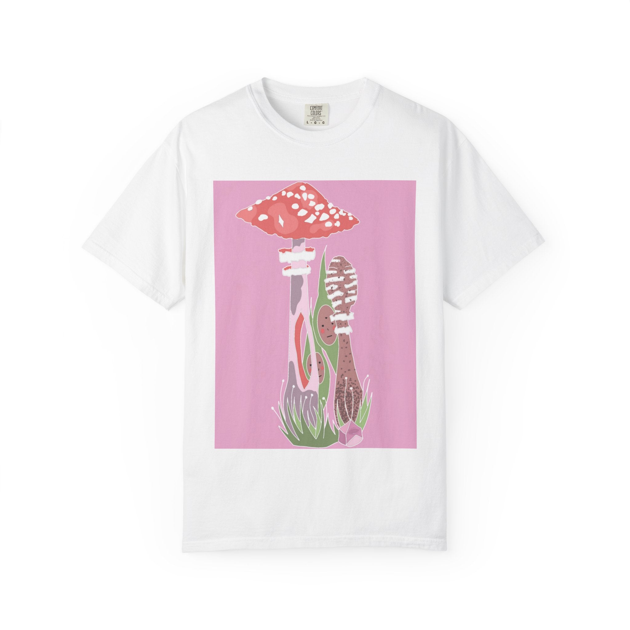 Psychedelic Mushroom Graphic T-Shirt — Retro Pink Nature Art Tee