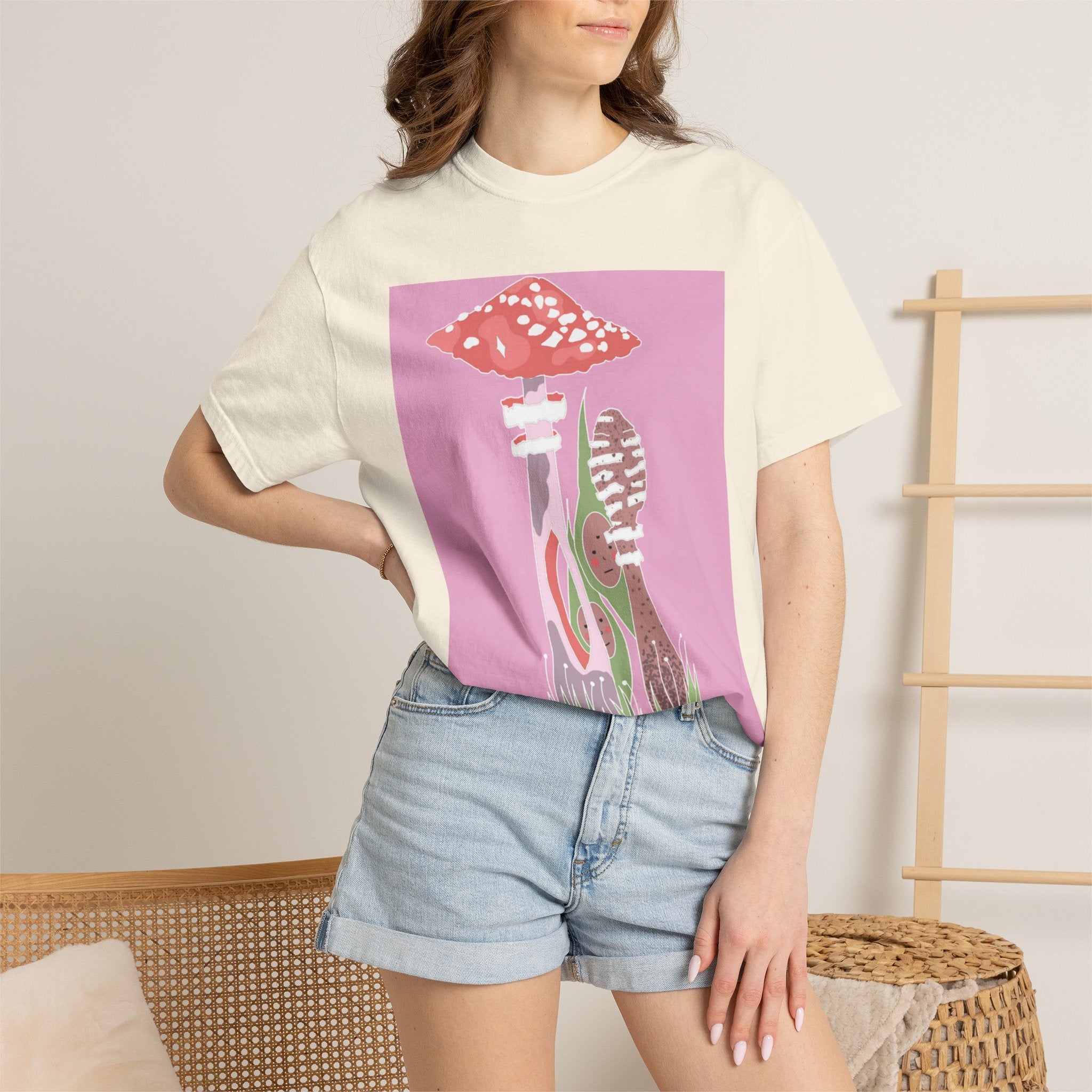 Psychedelic Mushroom Graphic T-Shirt — Retro Pink Nature Art Tee
