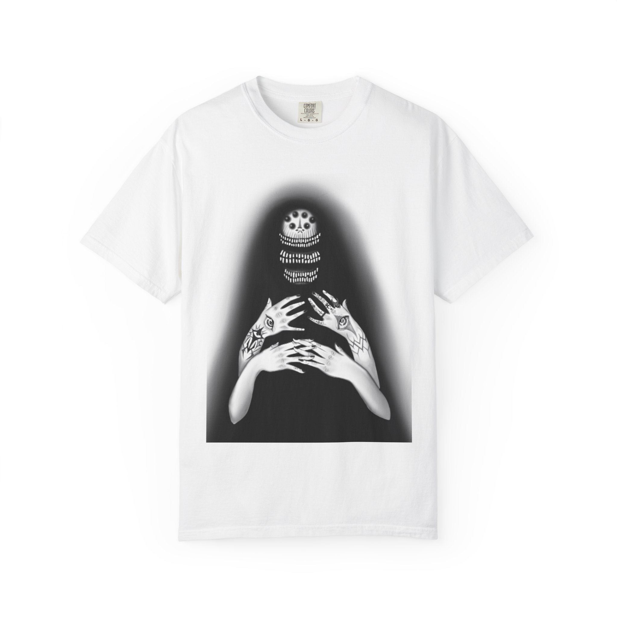 Gothic Skull Hands T-Shirt — Moody Monochrome Occult Graphic Tee