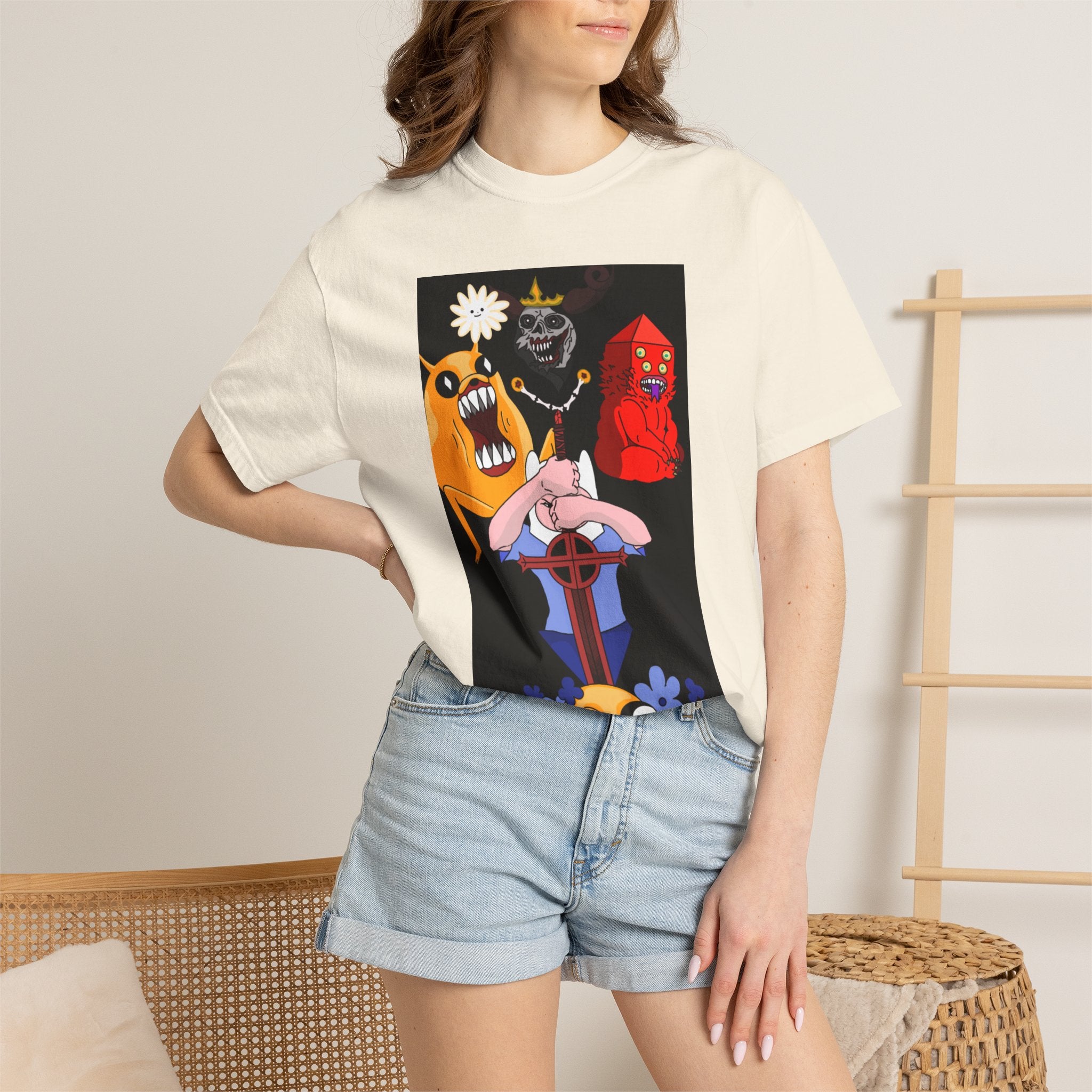Adventure Time Gothic Characters T-Shirt — Cartoon Skull, Demon & Flower Graphic Tee