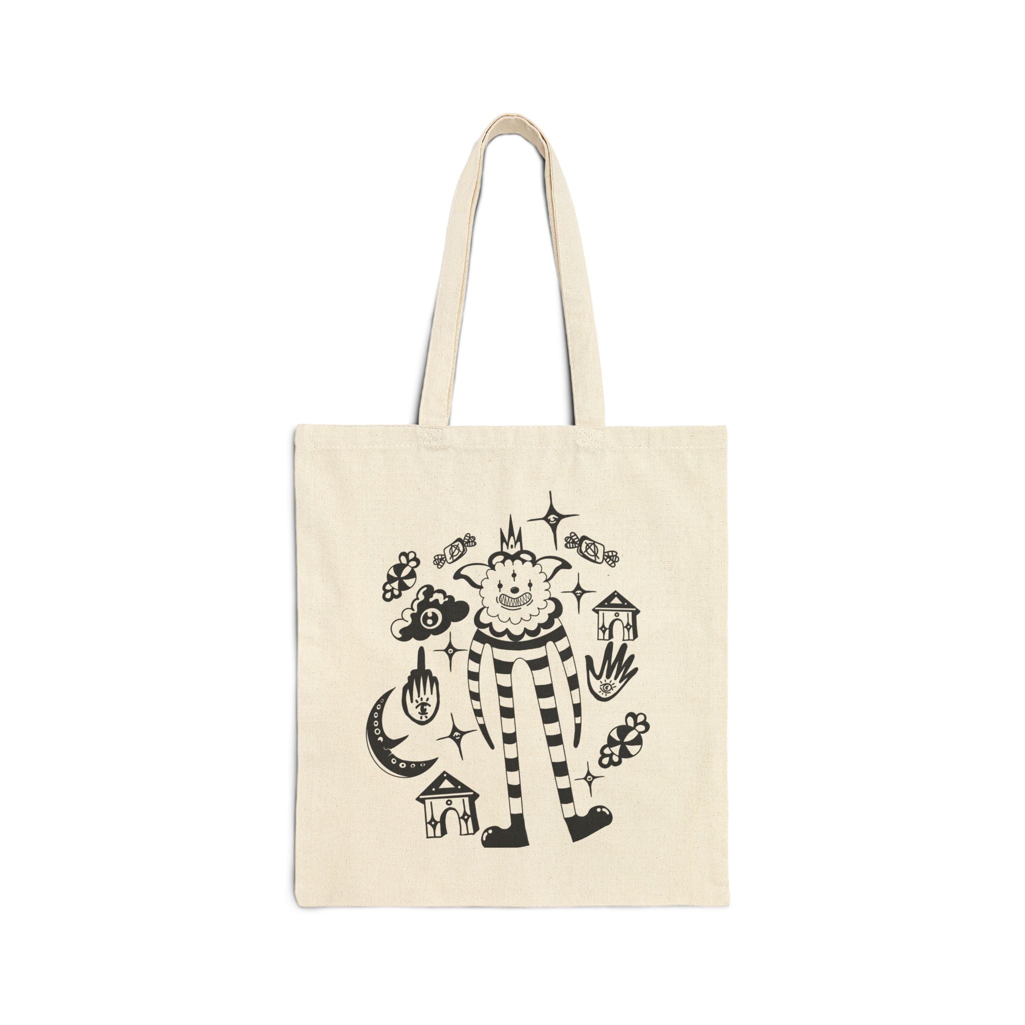 Whimsical Clown Cotton Tote Bag – Cute Black Line Art Market Bag