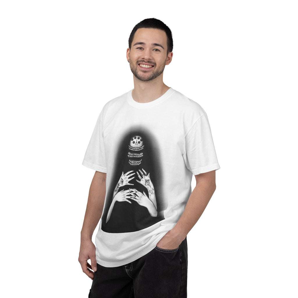 Gothic Skull Hands T-Shirt — Moody Monochrome Occult Graphic Tee