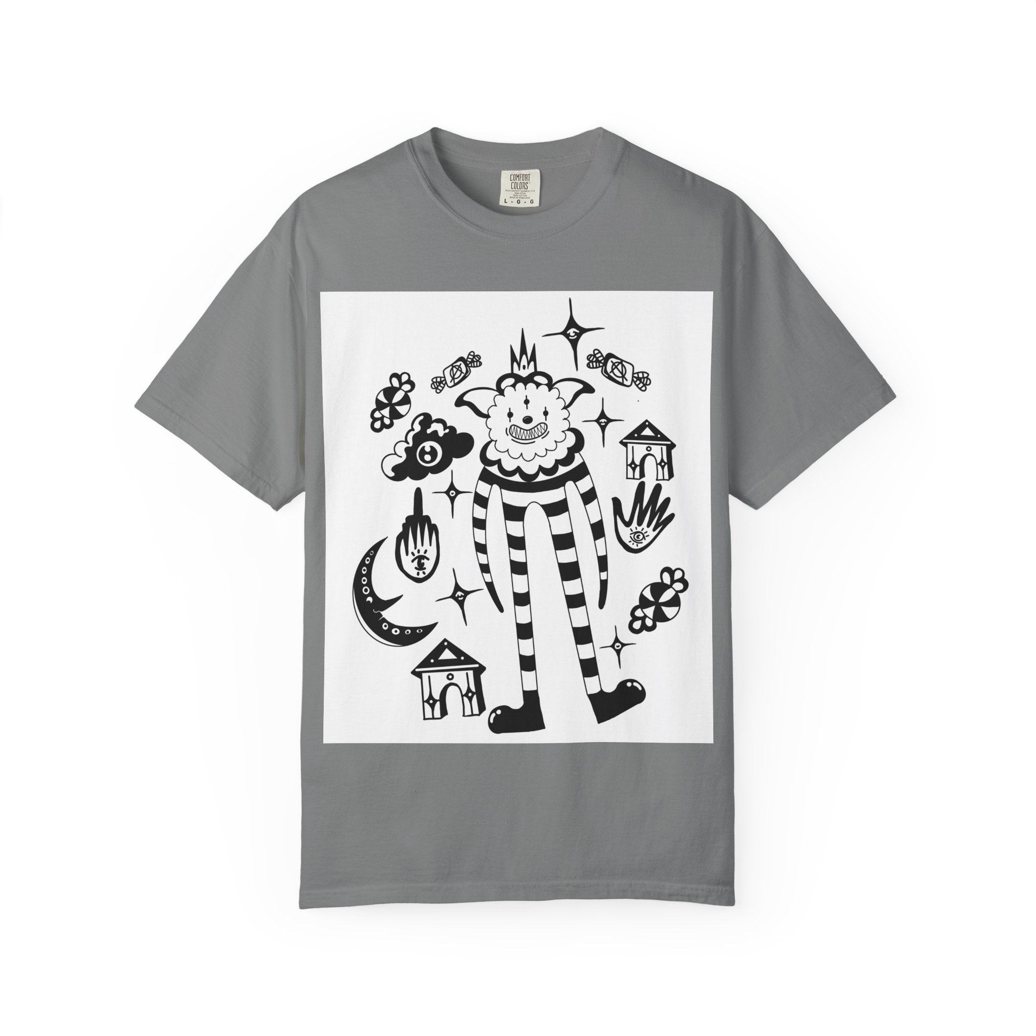 Clown Circus Graphic T-Shirt — Whimsical Black & White Illustration