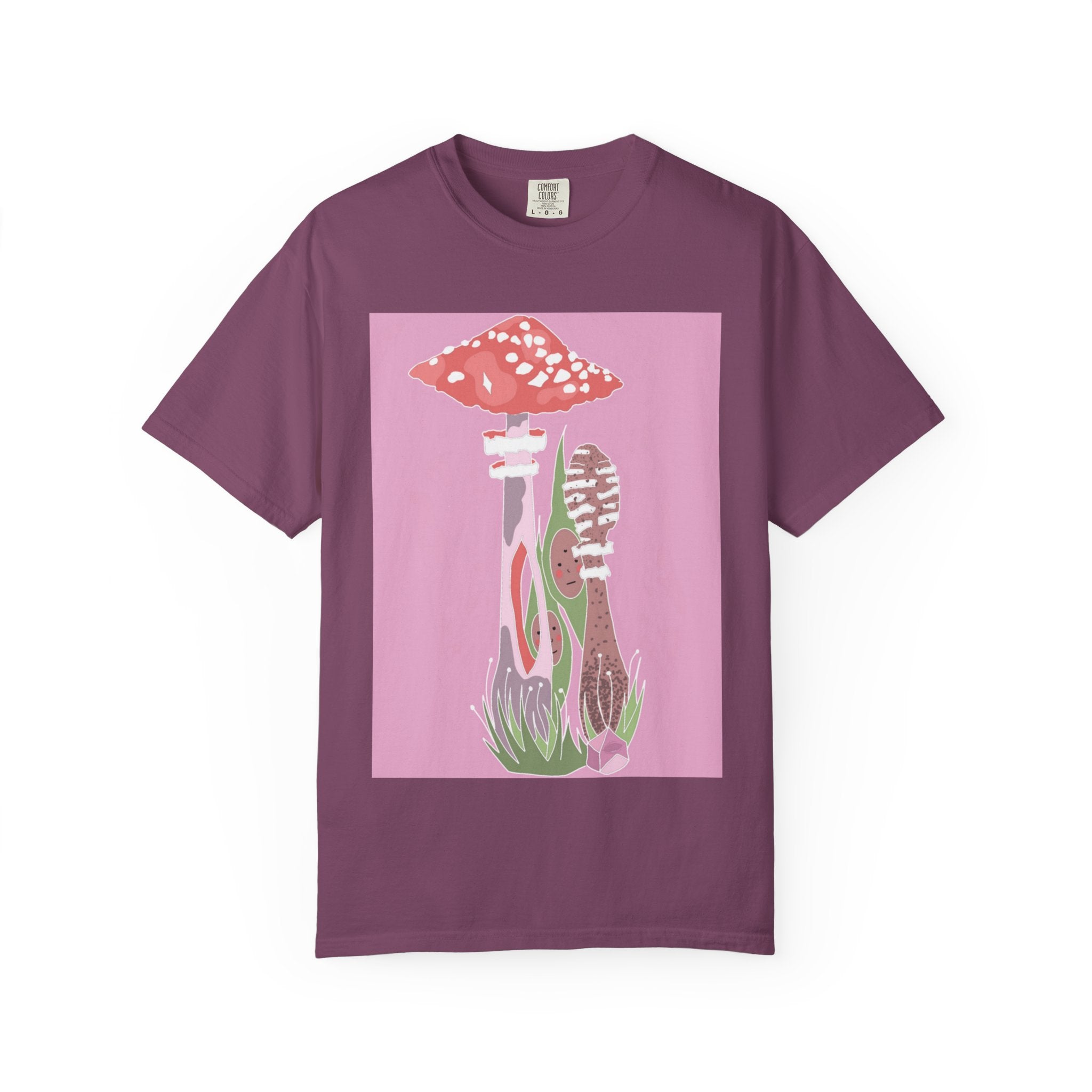 Psychedelic Mushroom Graphic T-Shirt — Retro Pink Nature Art Tee