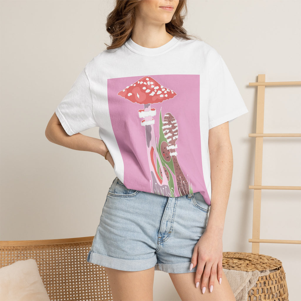Psychedelic Mushroom Graphic T-Shirt — Retro Pink Nature Art Tee