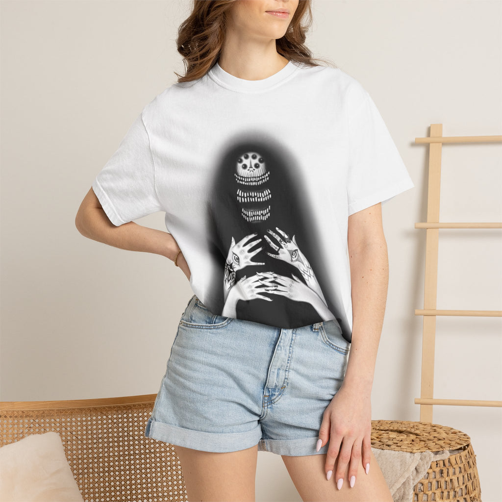 Gothic Skull Hands T-Shirt — Moody Monochrome Occult Graphic Tee