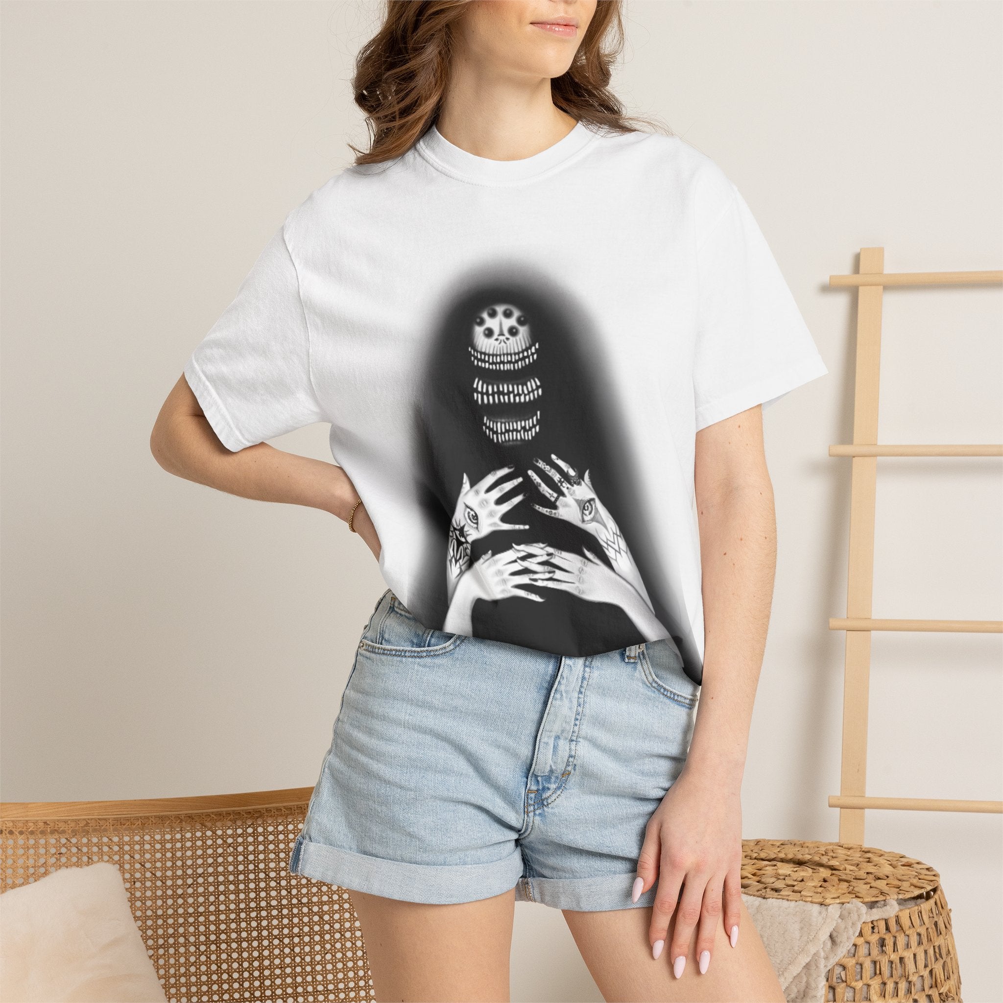 Gothic Skull Hands T-Shirt — Moody Monochrome Occult Graphic Tee