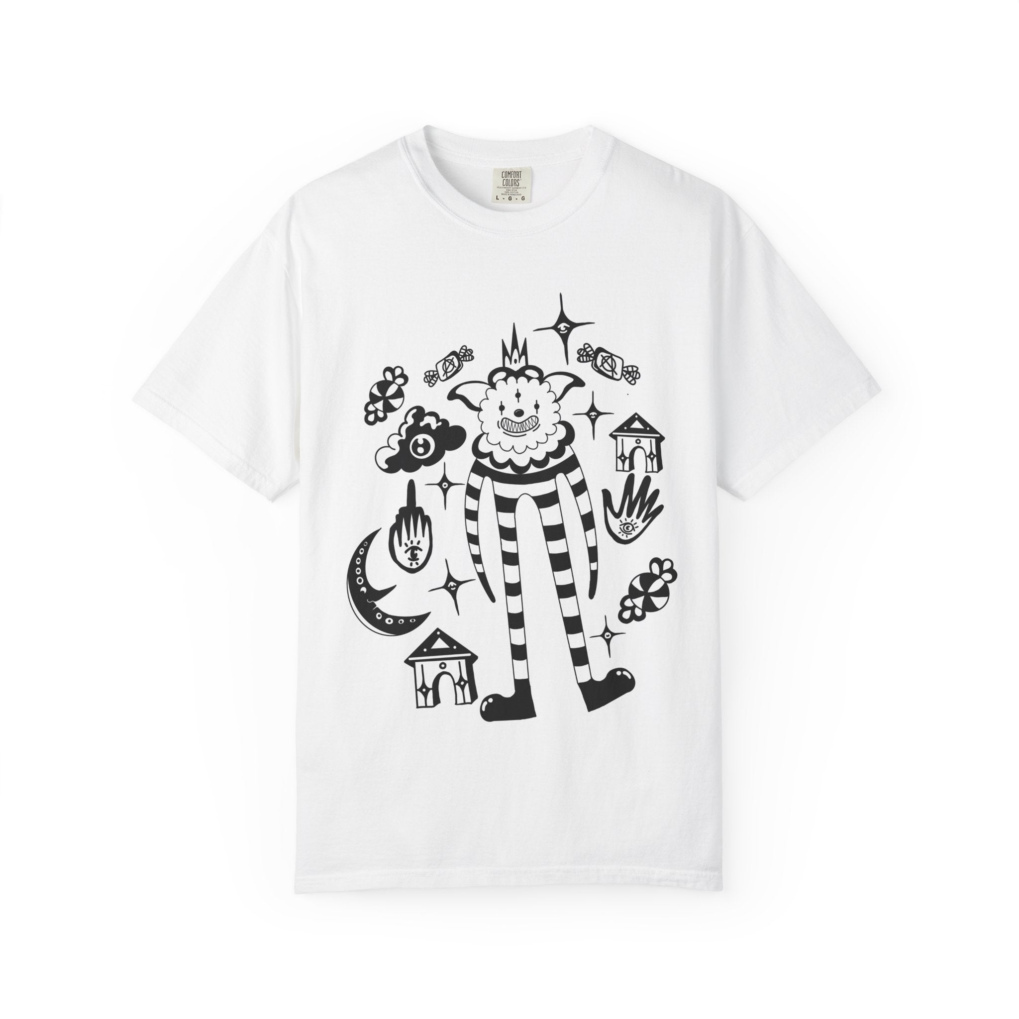 Clown Circus Graphic T-Shirt — Whimsical Black & White Illustration