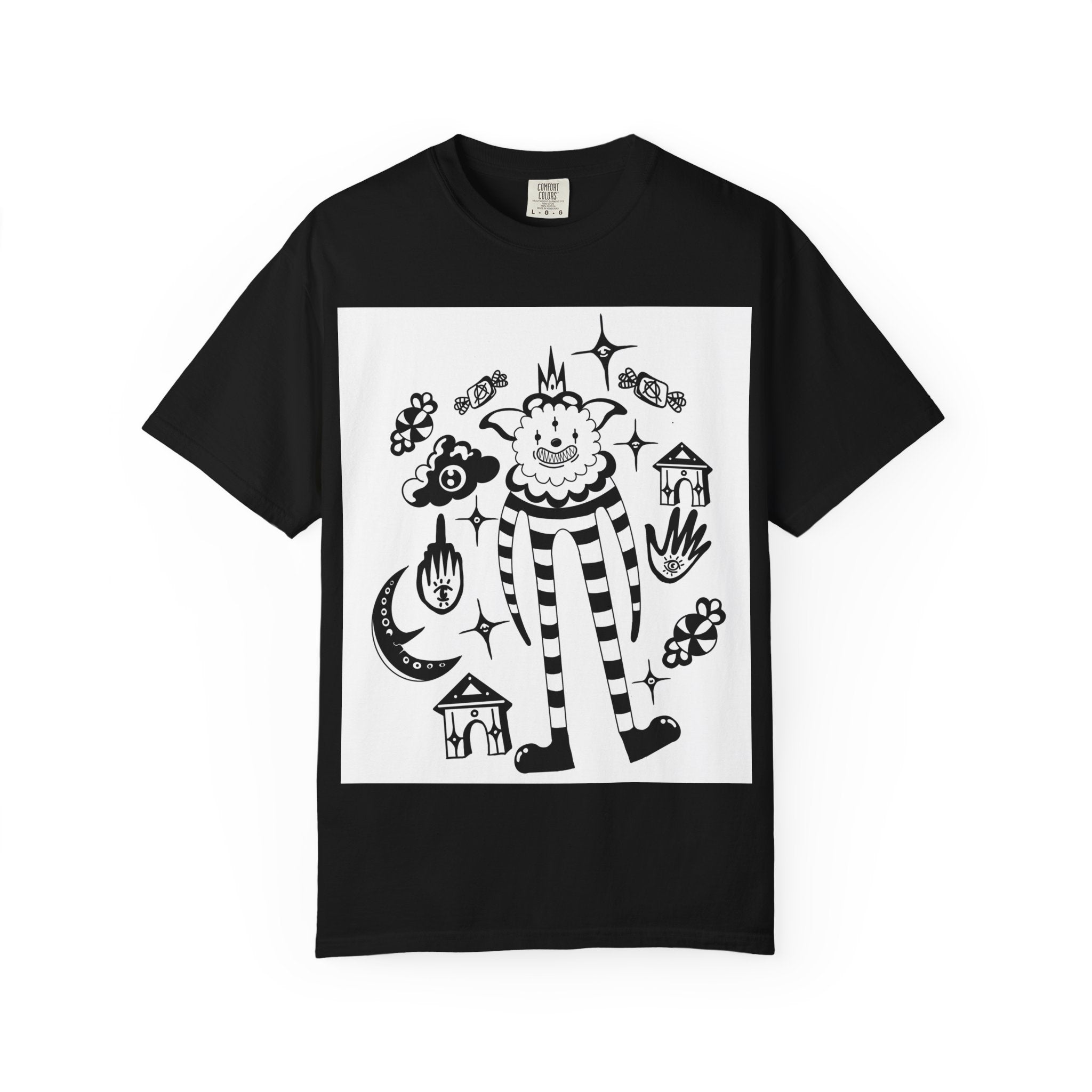 Clown Circus Graphic T-Shirt — Whimsical Black & White Illustration
