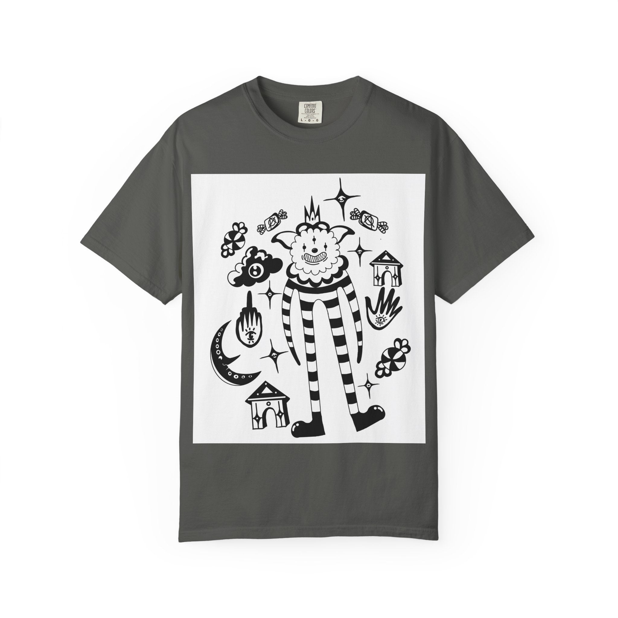 Clown Circus Graphic T-Shirt — Whimsical Black & White Illustration