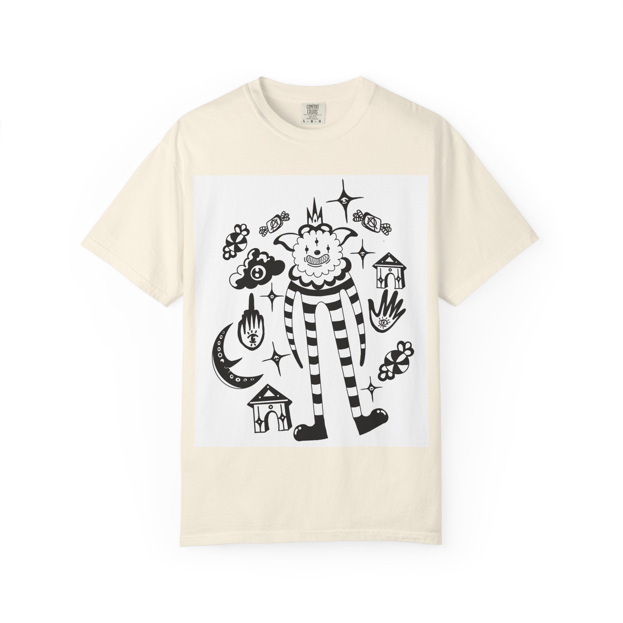 Clown Circus Graphic T-Shirt — Whimsical Black & White Illustration