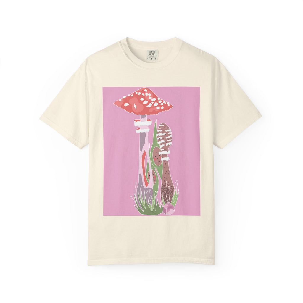 Psychedelic Mushroom Graphic T-Shirt — Retro Pink Nature Art Tee