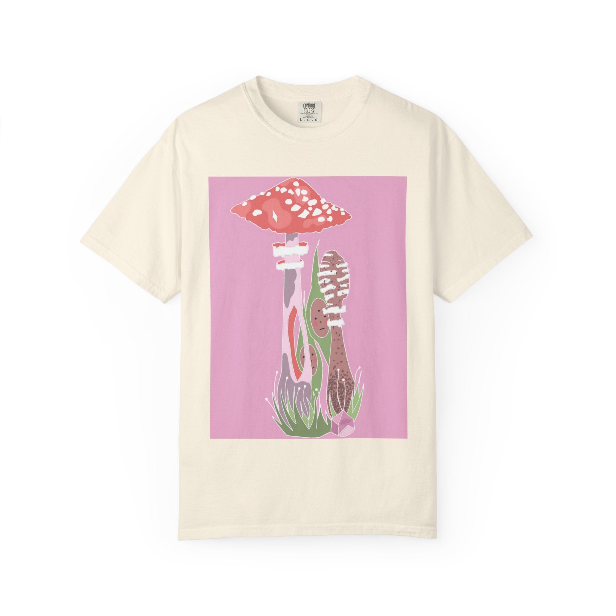 Psychedelic Mushroom Graphic T-Shirt — Retro Pink Nature Art Tee